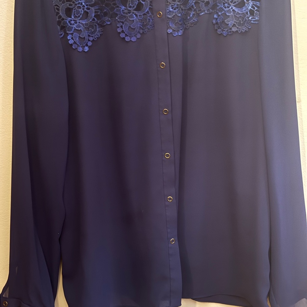 Lace Yoke Button-Down Blouse in Navy